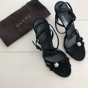 Gucci Black Suede Gold Tone Diamante Crystal Heels